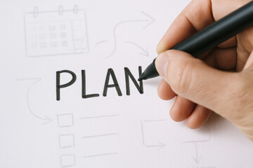 Poster - A carefully crafts a strategic outline on paper illustrating steps and goals to organize and manage tasks effectively