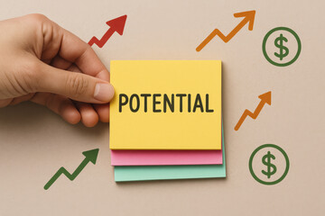 Poster - A arranges colorful sticky notes that symbolize growth and opportunity amid rising financial trends and economic progress