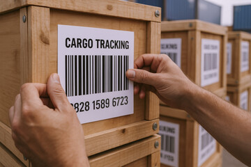 Poster - Efficient logistics involve scanning barcodes on shipping crates to ensure accurate cargo management and streamline shipment processes