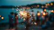© CheeCatCreate - 夜のパーティーで人が持つ手持ち花火、背景には玉ボケが輝いている。generative ai
