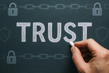 Poster - Establishing trust is essential for security and protection as symbolized by the subtle chain and lock icons on the board