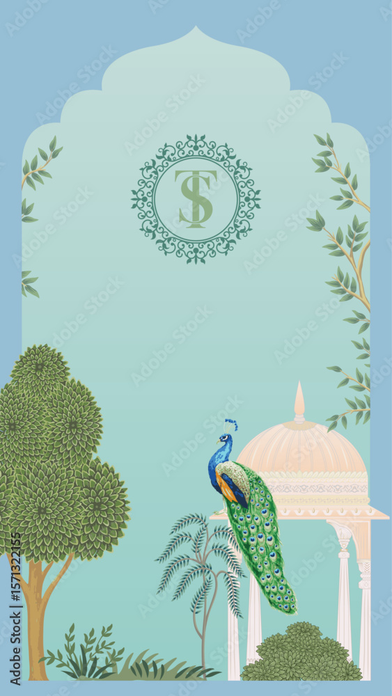 Traditional wedding invitation card design. Mughal garden arch peacock ...