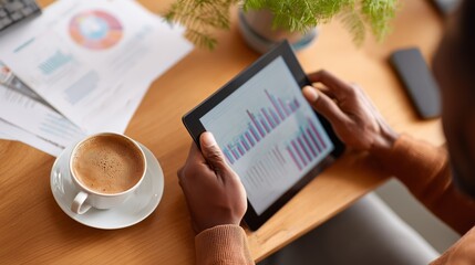Poster - Business professional reviewing data analytics on tablet while enjoying coffee in a cozy workspace