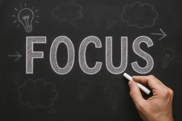 Poster - Concentration and attention drive progress as strategic ideas and subtle cues guide focused business planning on a chalkboard