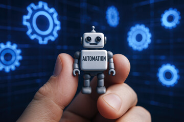 Poster - A carefully holds a small robot figurine symbolizing automation amidst a backdrop glowing digital gears illustrating the integration technology and efficiency in modern business processes