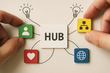 Poster - A central hub connects multiple business concepts symbolized by icons representing collaboration organization network and innovation