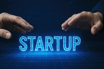 Poster - Two hands hover above a glowing digital surface symbolizing innovation and growth in business ventures
