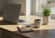 © Elzayady - A Serene Workspace Bathed in Warm Sunlight Featuring a Laptop a Coffee Cup and a Small Potted Plant on a Wooden Desk Creating a Peaceful and Productive Atmosphere for Remote Work or Study