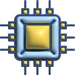 Poster - Glossy 3D microchip icon with blue and yellow color scheme, clean electronic design for tech and digital concepts.