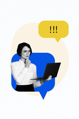 Aufkleber - Creative trend 3D collage sketch of young businesswoman think minded hand hold laptop attention conversation balloon message dialog cloud