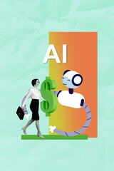 Poster - Vertical art exclusive collage of happy teacher woman walk job dollar salary money payment ai helper bot e-learning concept
