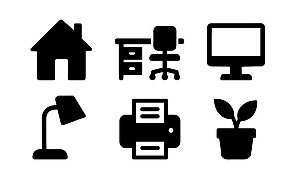 Home office setup icons: desk, computer, plant, lamp, chair, and printer