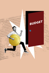 Aufkleber - Composite image montage trend artwork 3D collage of young man hurry run hold gold coins open door budget money finance earnings dollars