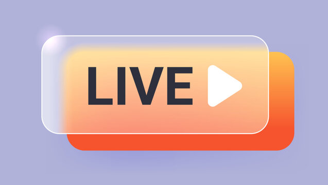 Glass morphism live media label. Online translation vector element