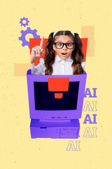 Poster - Vertical pop 3d poster banner collage of astonished schoolgirl peek pc monitor gearwheel artificial technology modern app