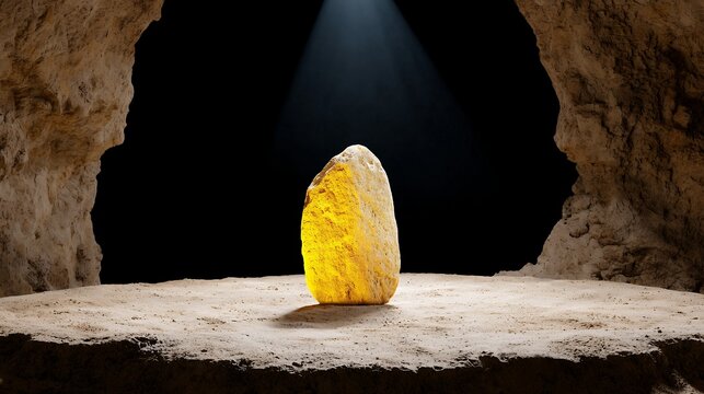 Luminous Yellow And White Stone In A Dark Cave Setting