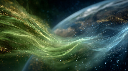 Wall Mural - celestial convergence: an ethereal, high-angle perspective of earth and another planet, with swirlin
