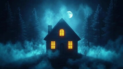 Wall Mural - Eerie cabin illuminated by moonlight in a misty forest