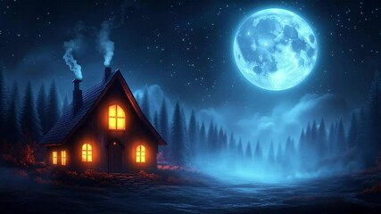Wall Mural - Enchanted cabin under a full moon in a misty forest