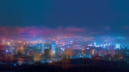 Poster - Night cityscape, illuminated skyline, modern architecture, net zero energy, digital overlay, urban, vibrant