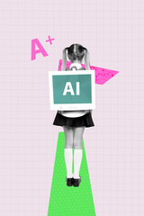 Poster - Banner image artwork exclusive collage of anonym schoolgirl stand back wear pc monitor ai rucksack excellent mark cyber courses