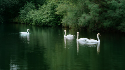 Poster - Swans gliding on reflective pond surrounded by lush green trees, peaceful and serene atmosphere