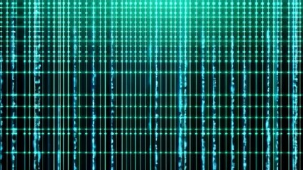 Poster - Futuristic Digital Grid Pattern with Glowing Neon Lines and Data Visualization in Abstract Cyber Environment Featuring Vertical Streams of Luminous Binary Code and High Tech Technology Background