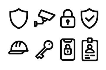 Poster - Security and protection vector illustration: icons of shield, camera, lock, helmet, key, and badge for digital usage