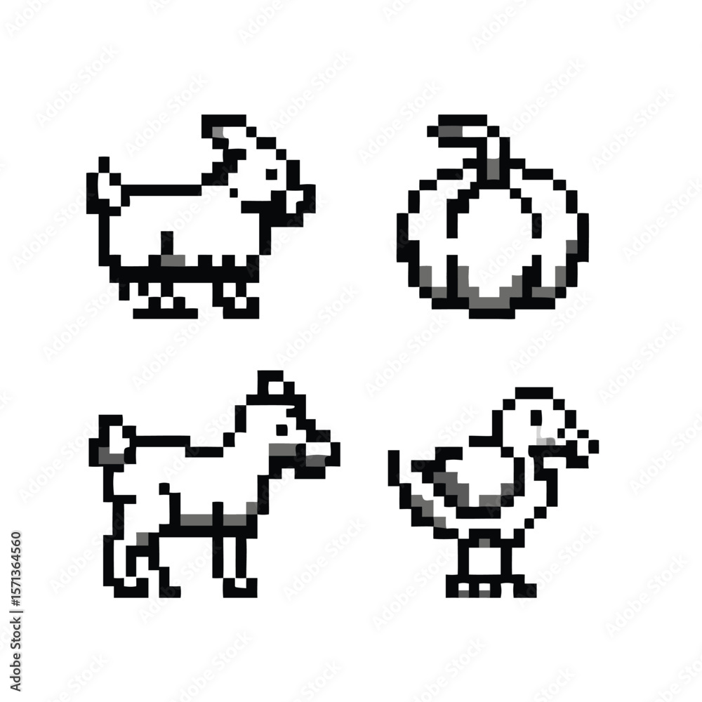 16-bit Farm Pixel Art Icon Set. Monochrome Retro Sprites with Dithering ...