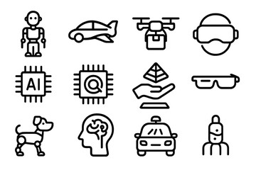 Poster - Futuristic technology icons vector illustration: ai, robotics, vr, and innovation symbols for modern design