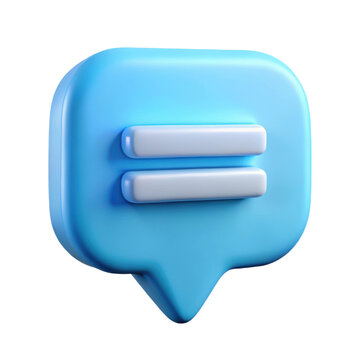 A 3d rendered blue speech bubble with two white horizontal lines inside representing a message or conversation icon
