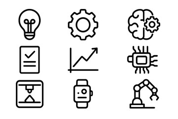 Poster - Technology and innovation vector illustration: icons of automation, robotics, and ai in line art style