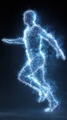 Poster - Dynamic blue particle stream outlining a human figure in motion capturing an energetic essence with pulsating light suitable for concepts related to fitness movement or transcendence.