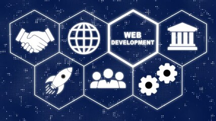 A Web Development concept button on a futuristic.Hi tech motion graphic background, white flickering dots on black background. Business, Technology, Internet and network concept.