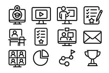 Fototapete - Online education and communication icons vector illustration in line style for digital learning and training design