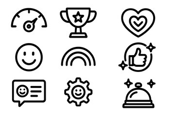 Poster - Minimalist icon set vector illustration with trophy, heart, smile, and gear for design elements
