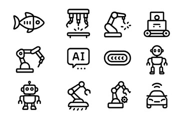 Poster - Black and white vector illustration of robotics and ai icons for modern design