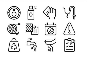 Poster - Home maintenance icons vector illustration: cleaning, plumbing, and repair in line style design for posters and digital use