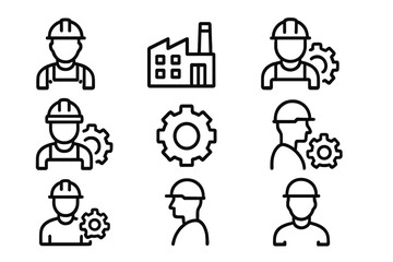 Poster - Industrial worker and gear icon set vector illustration for design projects in line style