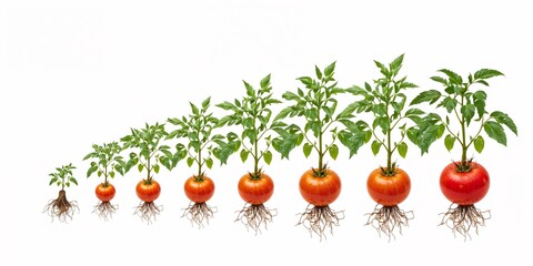 Tomato plants in progressive growth stages with roots visible on a white background showing development