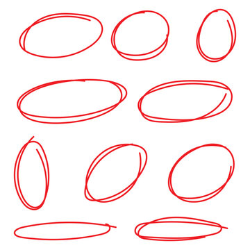 Red circle, pen draw set. Highlight hand drawn circle isolated on background. Handwritten red circle. For marker pen, pencil, logo and text check. 888