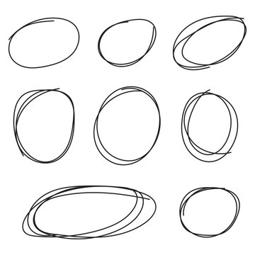 Red circle, pen draw set. Highlight hand drawn circle isolated on background. Handwritten red circle. For marker pen, pencil, logo and text check. 888