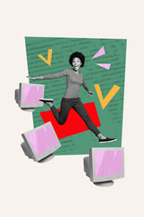 Aufkleber - Sketch design trend artwork 3D photo collage of job business analytics corporate office manager young lady run obsolete computer monitor