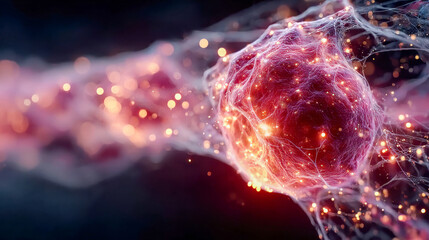 Poster - Detailed close-up of a glowing red cell-like structure connected by luminous filaments in a dark abstract space