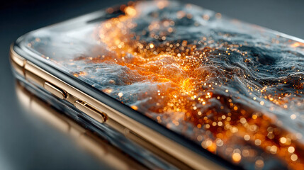 Poster - Close-up of a luxury smartphone showing a surreal digital landscape of glowing orange data waves and particles on its screen