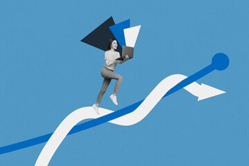 Poster - Sketch image trend artwork montage photo collage of young lady run arrow hold laptop venture target showing direction route point graphics