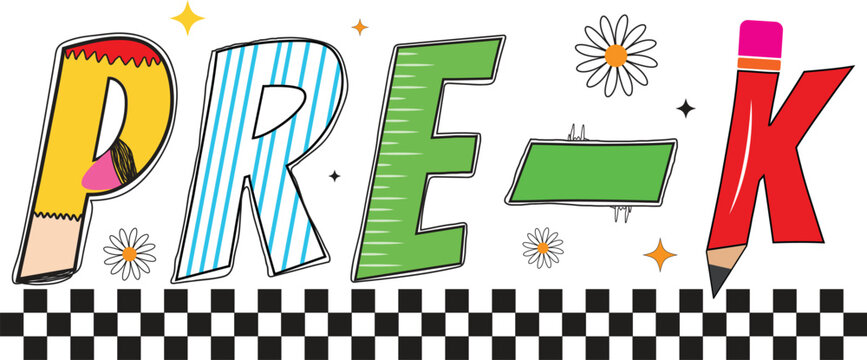 PRE-K T-Shirt Design – Fun and Colorful School Typography with Pencil, Flowers, and Checker Pattern