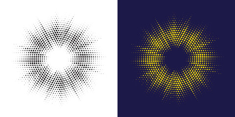 Leinwandbilder - Set of black halftone grunge circle. Vector modern dots halftone arts. Halftone circle frame background set. Round border Icon using halftone random circle. Grunge circular stain. Vector illustration.