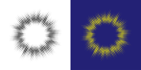 Leinwandbilder - Set of black halftone grunge circle. Vector modern dots halftone arts. Halftone circle frame background set. Round border Icon using halftone random circle. Grunge circular stain. Vector illustration.