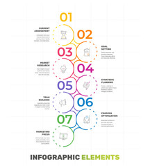 Poster - Vector infographic flat template circles for seven paper label, diagram, graph, presentation. Line business concept with 7 options. Blank space for content, step for step, workflow, marketing